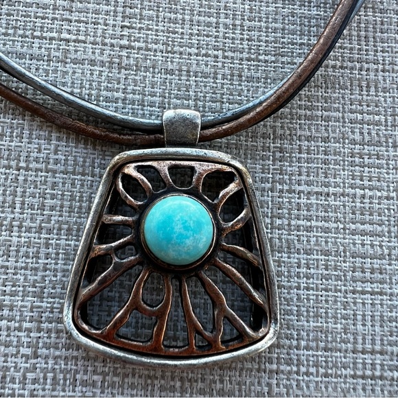 Chico's Silver-Tone Pendant Necklace with Turquoise Blue Stone and Dark Cord - Picture 2 of 3